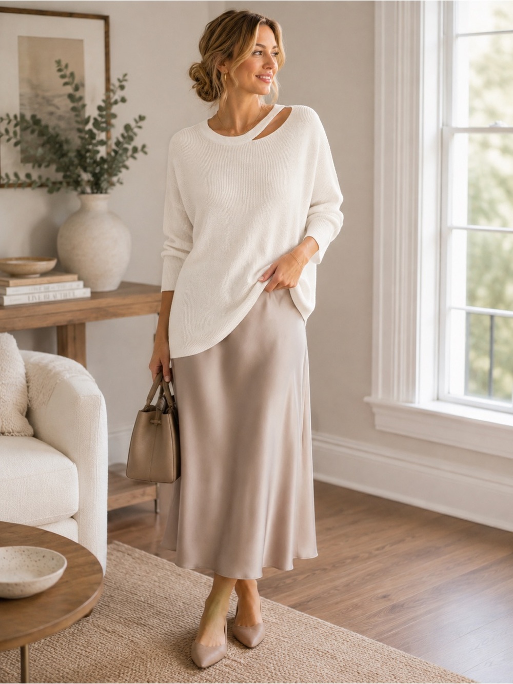 Halogen Cream Cutout Neck Ribbed Sweater Oversized Relaxed Fit Medium